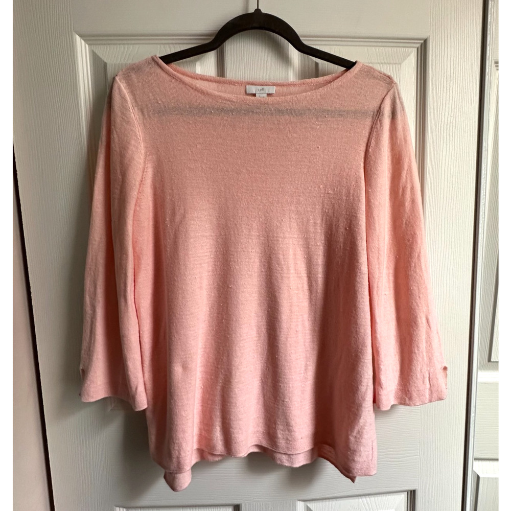 J. Jill Women's Small Pink Linen Blend Knit Boat Neck Sweater 3/4 Sleeves